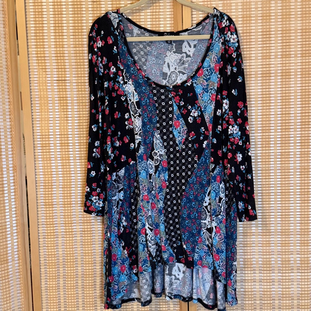 Chelsea Studio Womens 2X Mixed Floral Paisley Patchwork Tunic Top 3/4 Sleeve